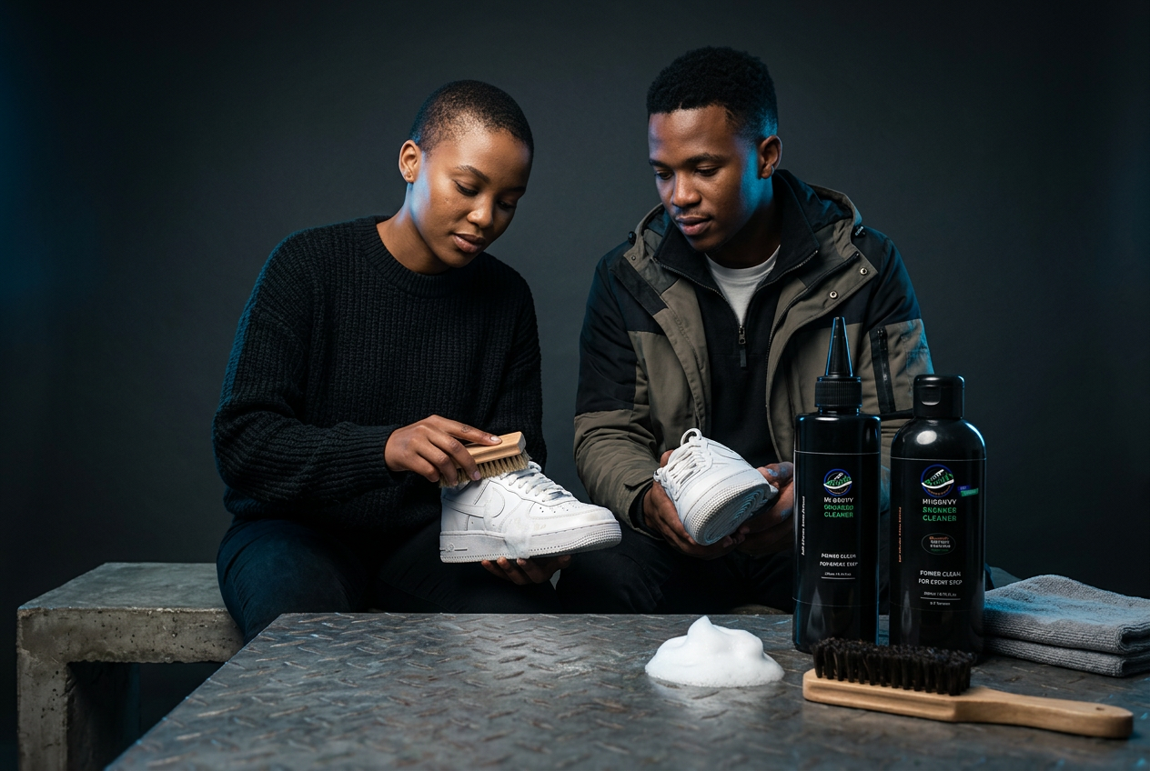 Two young customers cleaning white sneakers with HI-SAVVY Sneaker Cleaner in the studio